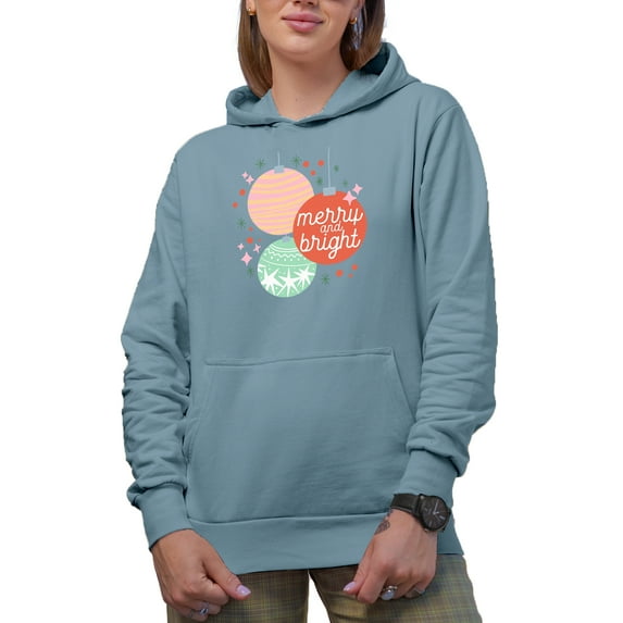 Merry and Bright with Hand Drawn Christmas Balls Art Merch Gift, Light Blue Hooded Sweatshirt or Hoodie, 3XL
