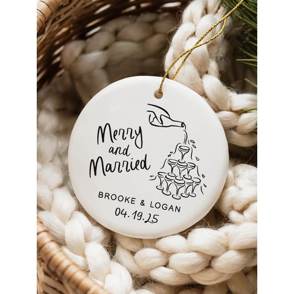 Merry and Married Custom Ornament with Personalized Names, Personalized Wedding Gift for Bride, Aesthetic Custom Christmas Gift for Couple