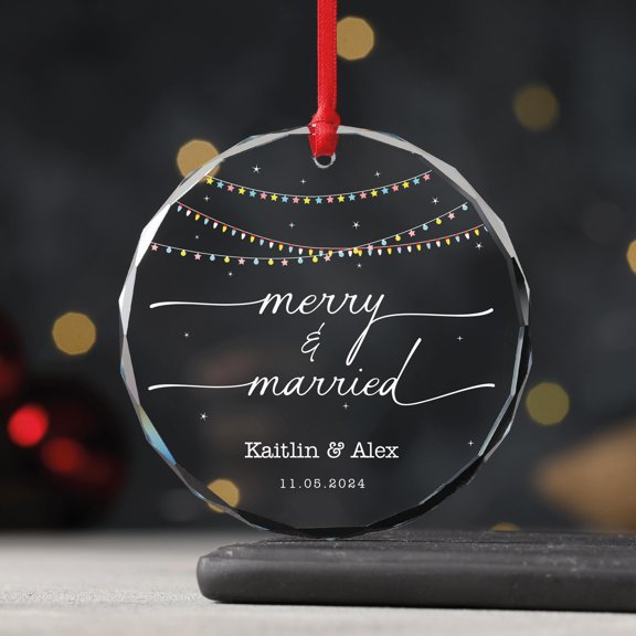 Merry and Married Personalized Christmas Married GLASS Ornament