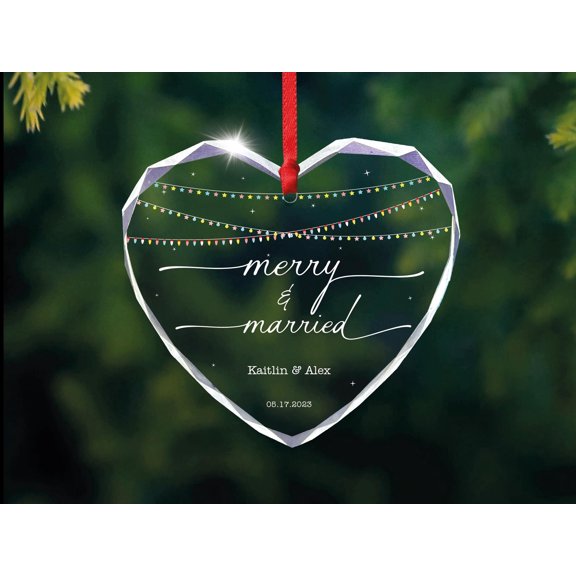 Merry and Married Personalized Christmas Wedding Ornament Married Heart Shaped Ornament