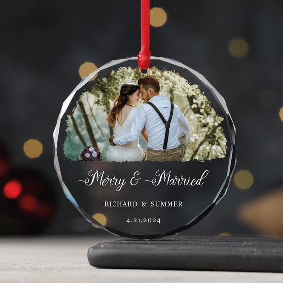 Merry and Married Photo Ornament - First Christmas Married Glass Ornament - Wedding Photo Ornament
