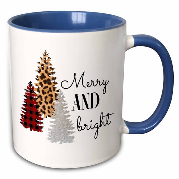 Merry and bright. Black lettering and fun pines on white background. 15oz Two-Tone Blue Mug mug-328462-11