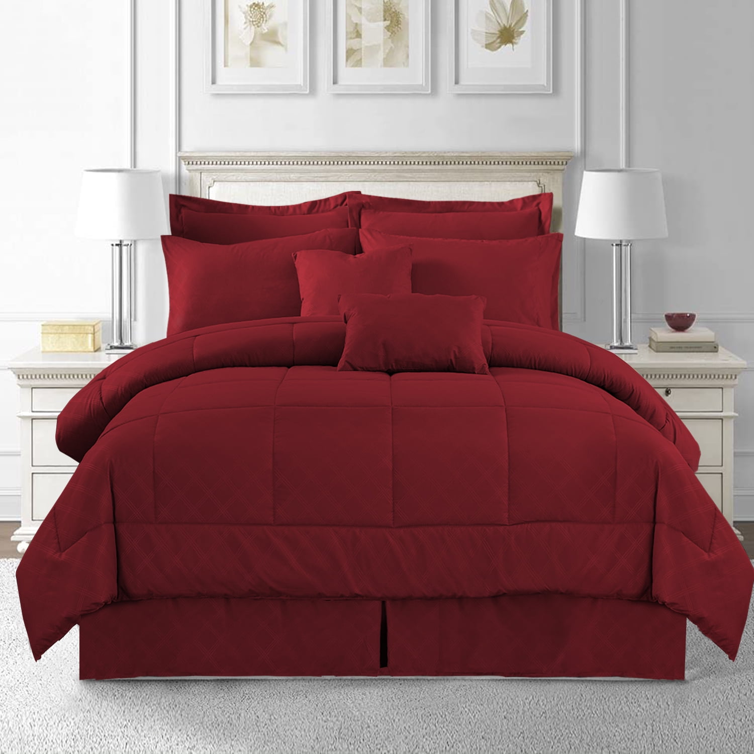 MerryHome 10 Piece Burgundy Comforter Set Luruxy Soft Bed in a Bag Queen Size Walmart