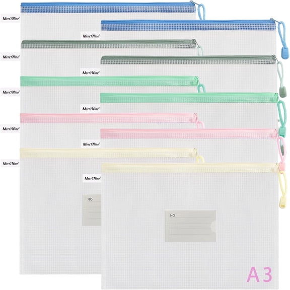 MerryNine 10pcs A3 Mesh Zipper Pouch, Waterproof Plastic Document Bags, Portable File Organizer for School Office Home Storage, 16.53 x 11.69 inch