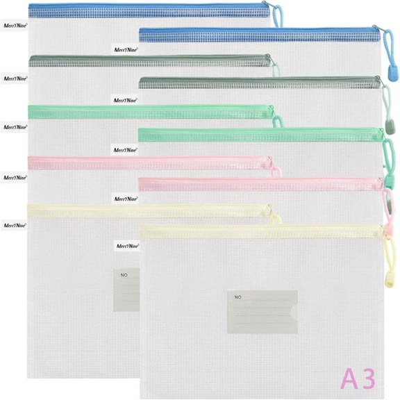 MerryNine 10 Pack Mesh Zipper Pouch Document Bag, A3 Waterproof Plastic Folders Document Pouch for School Office Supplies, Filing Envelopes Organizing Storage(A3-16.53x11.69 in)