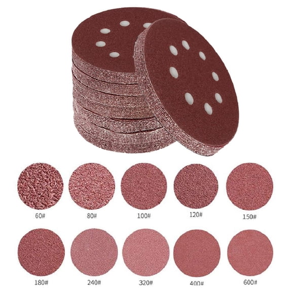 MerryNine 100 Pieces 5 Inch with 8 Holes Dustless Hook-and-Loop Circular Sanding Discs Sandpaper Assorted from 60 to 600 Grits