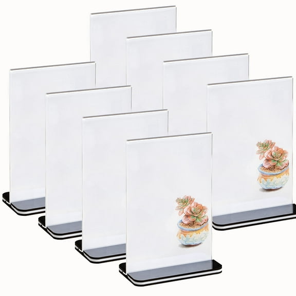 MerryNine 8 Pack Acrylic Sign Holder, 8.27 x 11.7 Inch/A4 Size Clear Double Sided Sign Holder Stand, Plastic Table Paper Stand, Vertical Menu Flyer Stand, T Shape Table Flyer Holder