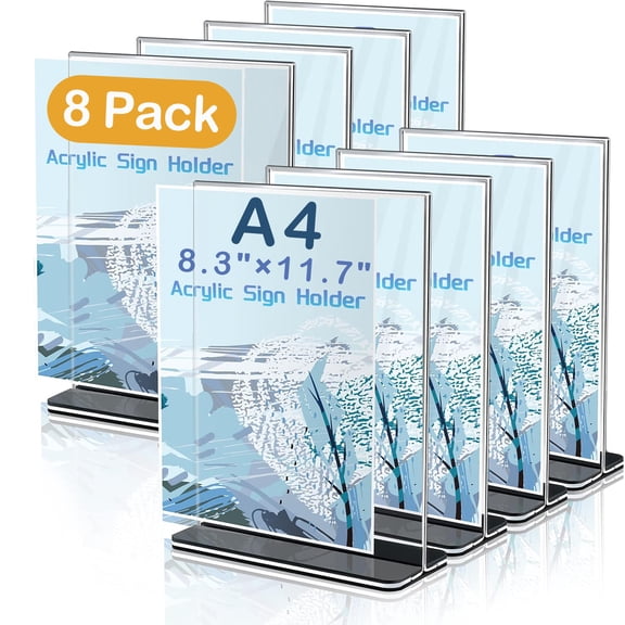 MerryNine 8pcs Acrylic Sign Holder, 8.27" x 11.7"/ A4 Size Clear Double Sided Sign Holder Stand, Plastic Table Paper Stand, Vertical Menu Flyer Stand, T Shape Table Flyer Holder