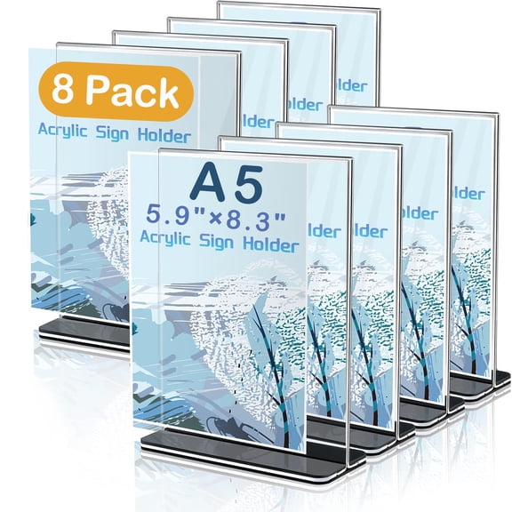 MerryNine 8pcs Acrylic Sign Holder, 8.27" x 5.9"/ A5 Size Clear Double Sided Sign Holder Stand, Plastic Table Paper Stand, Vertical Menu Flyer Stand, T Shape Table Flyer Holder