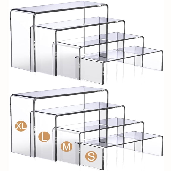 MerryNine 8 Pack Clear Acrylic Display Risers Stand, 4-Tier Rectangular Display for Cupcakes, Figurines, Cosmetics, Collectibles Retail Display, 4mm, L: 9"/8.66"/8.26"/7.87"