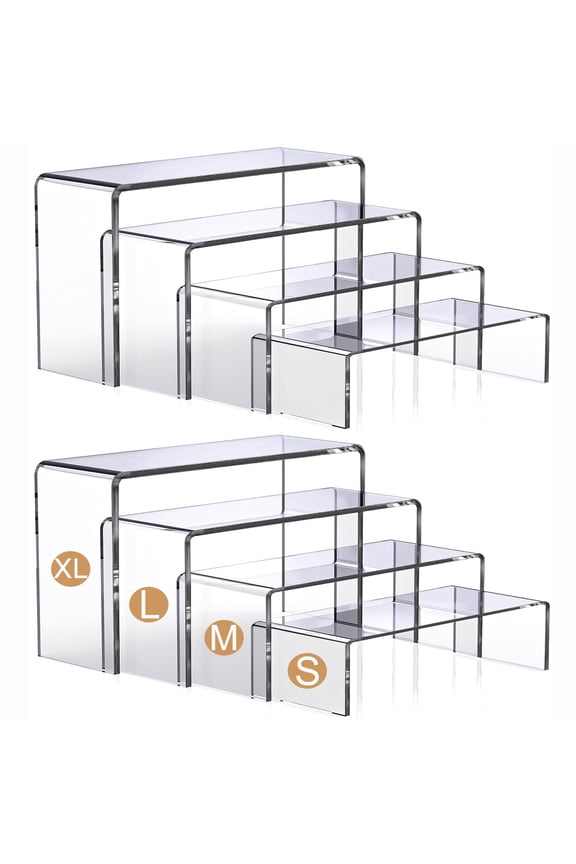 8 Pack Clear Acrylic Display Risers Stand, 4-Tier Rectangular Display for Cupcakes, Figurines, Cosmetics, Collectibles Retail Display, 4mm, L: 9"/8.66"/8.26"/7.87"