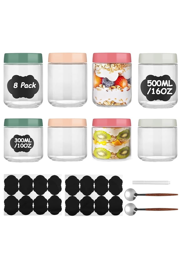 8 Pack Thick Glass Mason Jars with Lids, 4pcs 16oz + 4pcs 10oz Airtight Condiment Containers, Salad Dressing Cups & Sauce Bottles for Lunch Box, Pantry Storage 