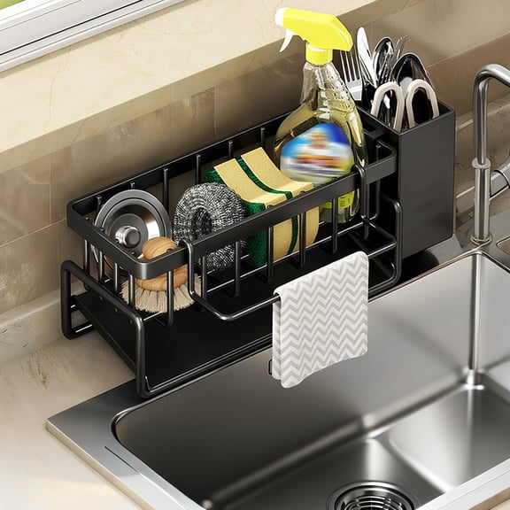 MerryNine Black Kitchen Sink Caddy Organizer with Brush Holder, Rustproof 304 Stainless Steel Sponge Holder with Incline Self Draining Tray, Countertop Soap & Dishcloth Storage Organizer