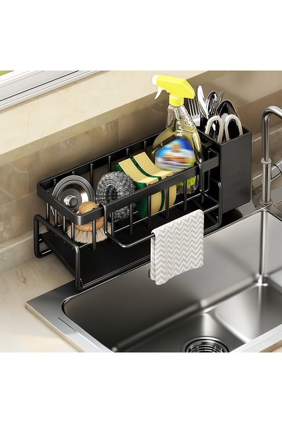 Black Kitchen Sink Caddy Organizer with Brush Holder, Rustproof 304 Stainless Steel Sponge Holder with Incline Self Draining Tray, Countertop Soap & Dishcloth Storage Organizer