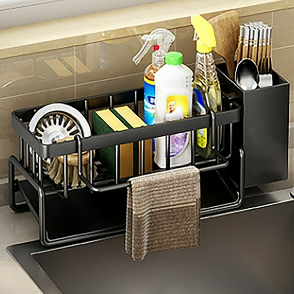MerryNine Kitchen Sink Caddy Organizer with Brush Holder, Rustproof Stainless Steel Sponge Holder for Kitchen Sink with Self Draining Tray, Dish Soap Scrubber Brush Dishcloth Holder, Black