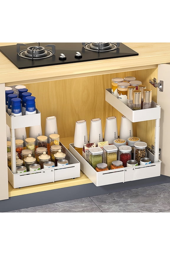 Under Sink Organizer and Storage 2 Pack, 2 Tier Kitchen Organizers and Storage, Bathroom Organizer, Vanity Counter Storage Container, Sliding Kitchen Sink Organizer White
