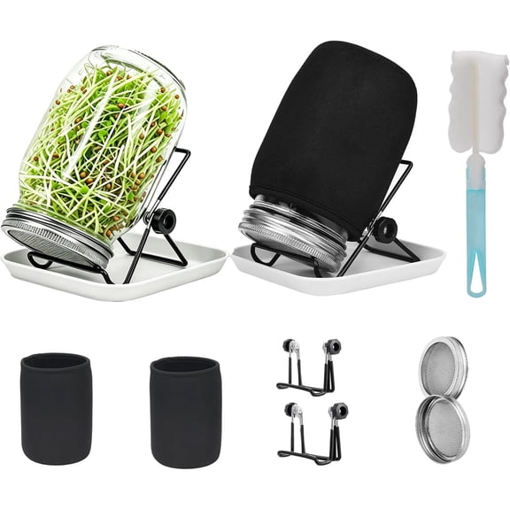 MerryNine Sprouting Kit, 2 Sprouting Jar Kits, Wide Mouth Quart Mason Jars with Stainless Steel Screen Sprout Lids,1000ml, Stand and Canning Brush,Seed Sprouter Set for Growing Broccoli, Alfalfa