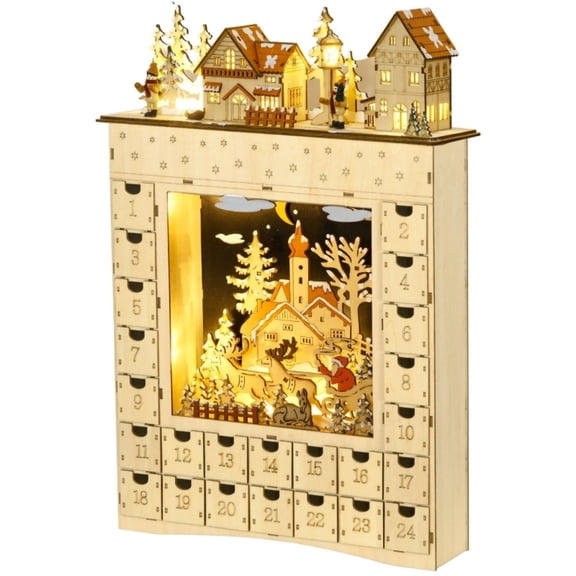 MerryNook 2026 New Christmas Advent Calendar, Light Up Wooden Snowy Village with 24 Countdown Drawers, Tabletop Xmas Holiday Decoration, LED Lighted Christmas Decor for Home, Kids & Adults