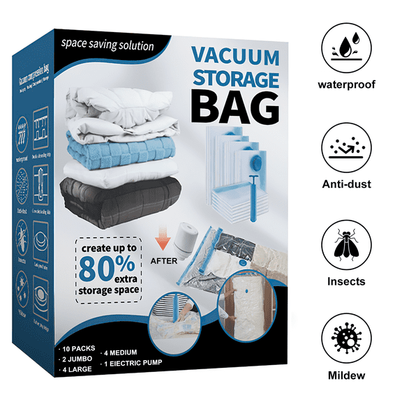 Merryhome 10Pcs Vacuum Storage Bags with Electric Pump,Space Saver Bags (2 Jumbo/4 Large/4 Medium),Double-Zip Seal Space Saver Bags for Clothes,Comforters,Blankets,Bedding,Travel Essentials