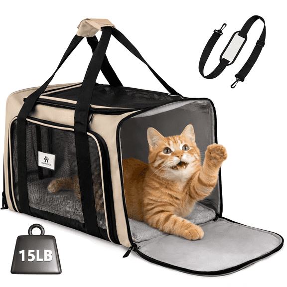 Merryhome Cat Carrier 18 in, Airline Approved Soft-Sided Pet Travel Bag, Foldable Waterproof for Small Cats and Dogs up to 15 lbs, Coffee