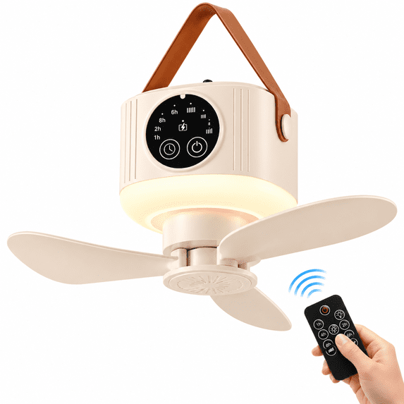 Merryhome 2 in 1 Portable Camping Fan with Light, 7200mAh Rechargeable Tent Fan with Remote, Digital Display, 4 Speeds, 4 Timer Settings, LED Lantern for Camping RV Travel, Khaki