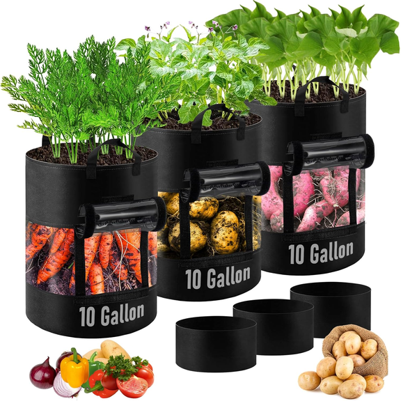 Merryhome 3 Pack 10 Gallon Black Potato Grow Bags,Potato Bag with 360 Visible Window,Thick Nonwoven Fabric with Strap Handles,Planter Bags for Potato,Tomato,Carrot,Onion
