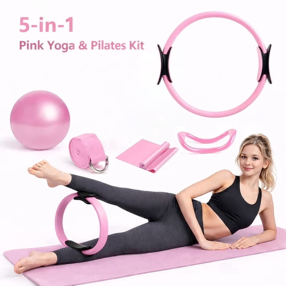 Merryhome 5in1 Pilates Ring Set 15" Pilates Ring, 9.8" Mini Ball, 70" Stretch Strap, Resistance Band, NBR Material, Home Workout Kit for Women