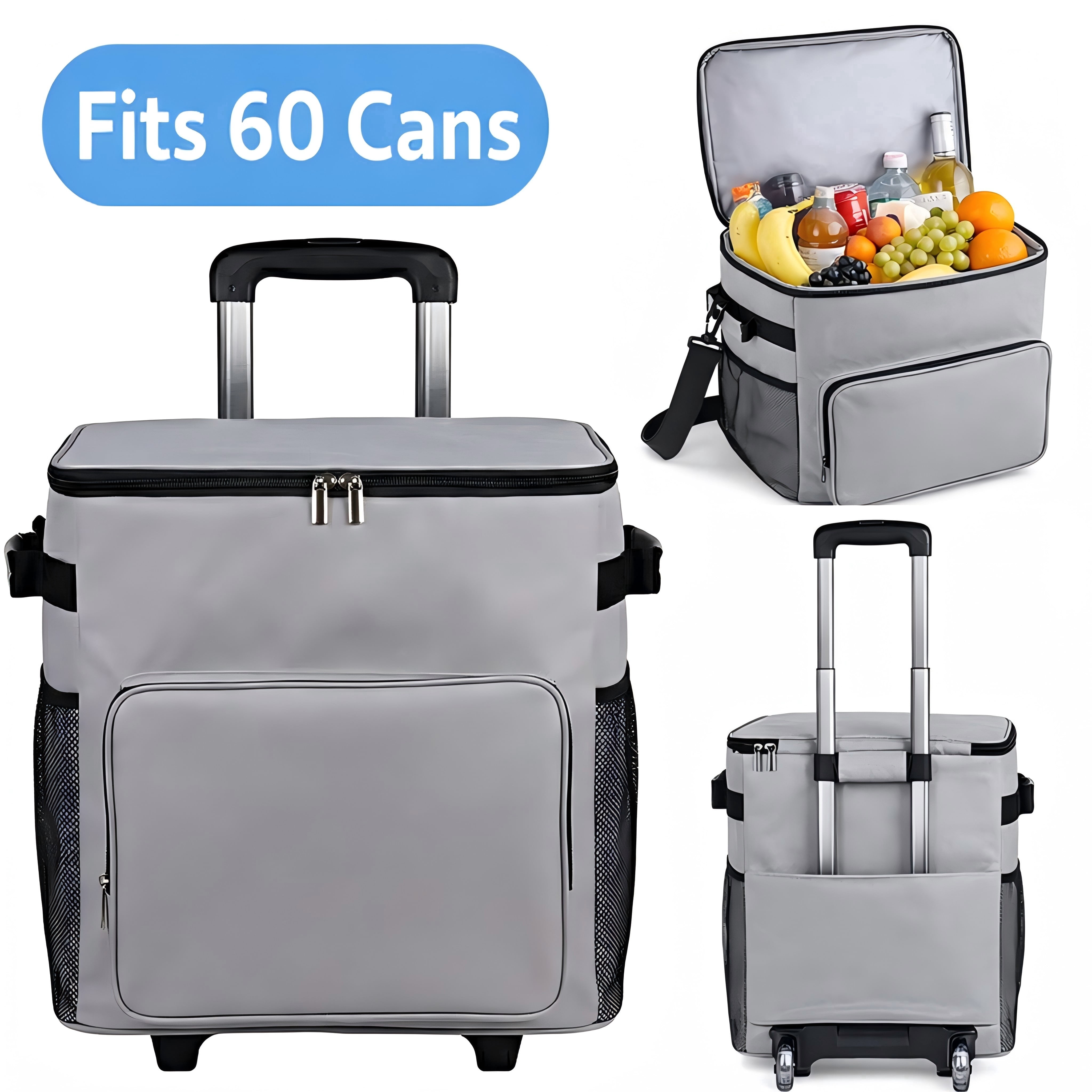 Merryhome Cooler with Wheels, 60-Can 40 Qt Rolling Cart Soft Cooler Bag, Foldable Leak-Proof Cold Retention Cooler for Camping, Beach, Grocery