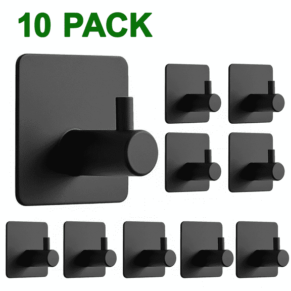 Merryhome Adhesive Hooks & 10 Pcs - Heavy Duty Stick On Wall, No Drill Stainless Steel Towel Hooks for Bathroom Wall, Kitchen, Glass, Mirror, Tile