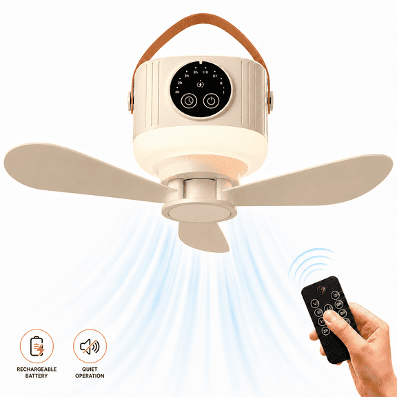 Camping Fan with Light, 7200mAh Rechargeable Fan with Remote, 4 Speed Timer LED Lantern for Camping Travel Emergency, Khaki