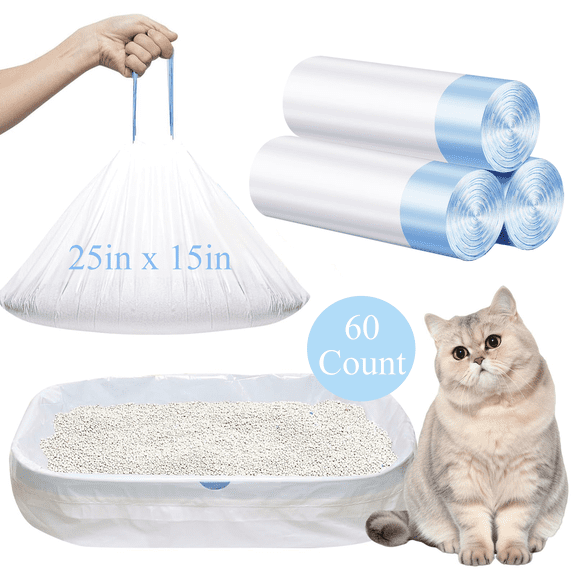 Merryhome Cat Litter Box Liners - 60 Count Jumbo Drawstring Cat Litter Bags, Extra Thick Litter Pan Liners Heavy Duty 25" x 15"