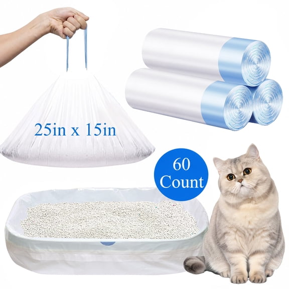 Merryhome Cat Litter Box Liners - 60 Count Jumbo Drawstring Cat Litter Bags, Extra Thick Litter Pan Liners Heavy Duty 25" x 15"
