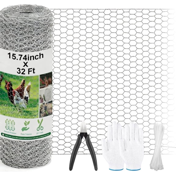 Merryhome Chicken Wire Mesh Roll 15.7 in x 32 ft, Galvanized Hexagonal Fence Netting 0.6 mm for Garden Protection and Poultry, White