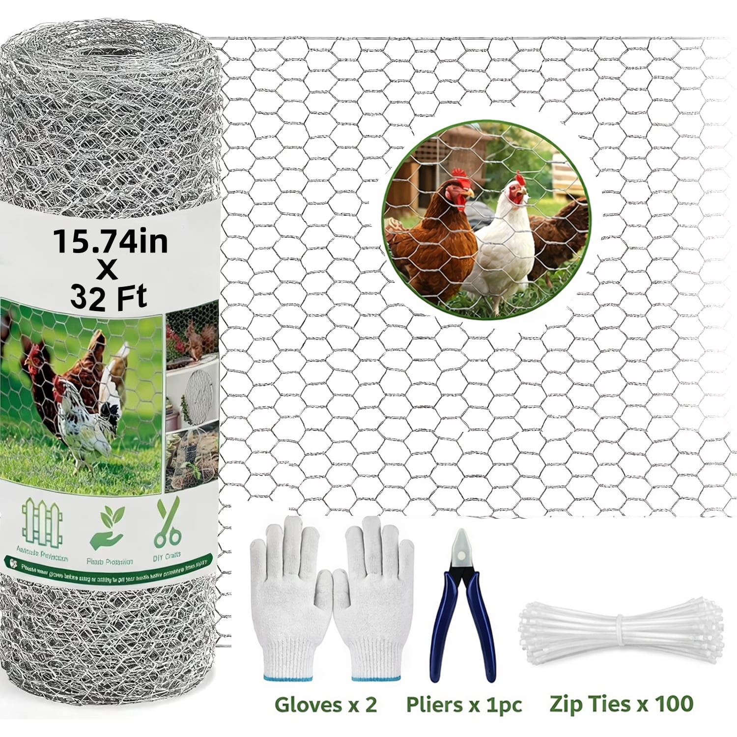 Merryhome Chicken Wire Mesh Roll 15.7 in x 32 ft, Galvanized Hexagonal Fence Netting 0.6 mm for Garden Protection and Poultry, White
