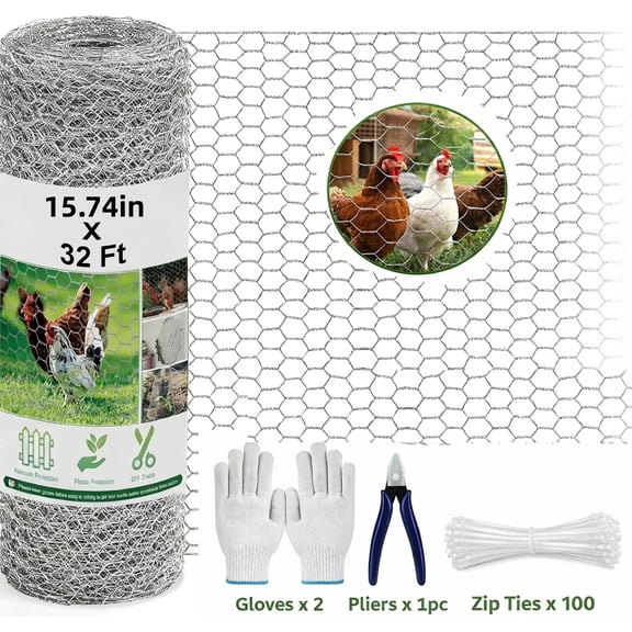 Merryhome Chicken Wire Mesh Roll 15.7 in x 32 ft, Galvanized Hexagonal Fence Netting 0.6 mm for Garden Protection and Poultry, White