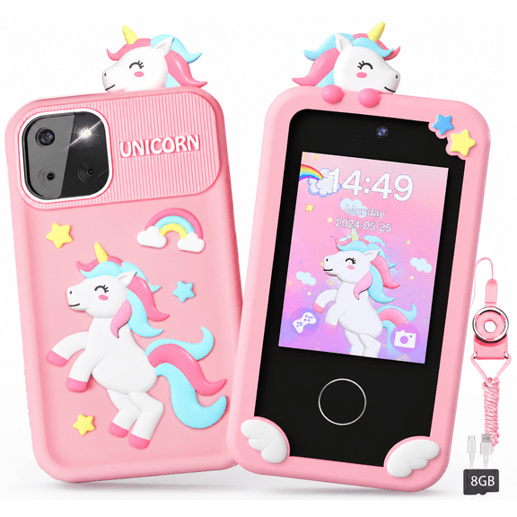 Merryhome Kids Smart Phone for Girls, 2.8" Touchscreen Play Phone with 8G SD Card, Dual Camera, Puzzle Game, Music Player, Christmas Birthday Gifts for Kids Pink