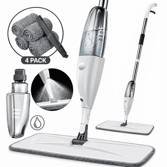 Merryhome Spray Mop with 14oz Refillable Leak-Proof Bottle, 4 Washable Microfiber Pads and 360 Swivel Head for Hardwood Tile Laminate Floors