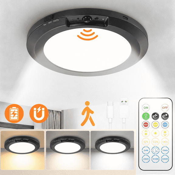 Merryhome Rechargeable Ceiling Light with Remote, 7 Inch Motion Sensor Ceiling Light, Wireless Indoor Light for Closet, Hallway, Stairway, Bathroom
