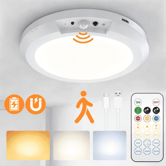 Merryhome Motion Sensor LED Ceiling Light 7 inch, Rechargeable Wireless Light with Remote Control for Closet, Hallway and Stairway