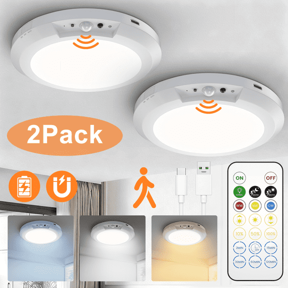 Merryhome Motion Sensor LED Ceiling Light 7 inch, Rechargeable Wireless Magnetic Light with Remote Control, Battery Operated for Closet Hallway, 2 Pack