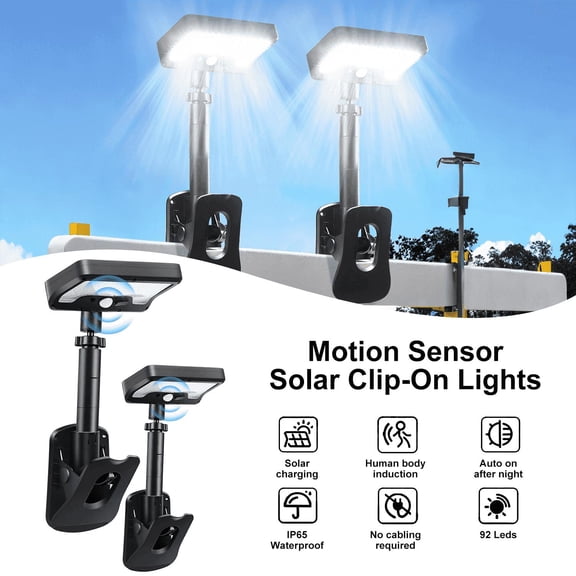 Merryhome Clip-on Solar Lights with Motion Sensor,3-Mode,360 Degree Rotation,92 LEDs,600LM Dual Charging,Waterproof Solar Fence Lights for Patio,Camp,Wall,Camping (2Pcs Cold Lights)