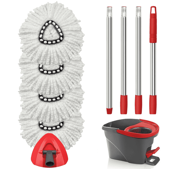 Merryhome Spin Mop Accessory,Spin Mop Heads — 4 Replacement Heads & 1 Handle & 1 Triangle Base, Compatible with O-Cedar Easywring 1-Tank System,Machine Washable
