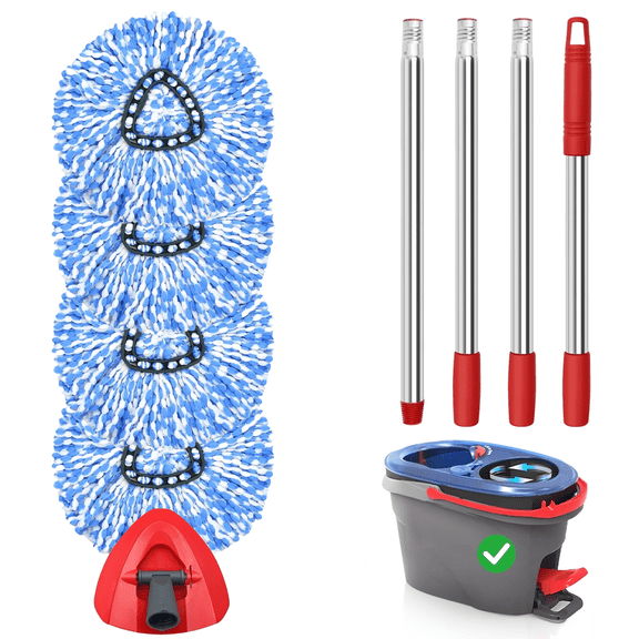 Merryhome O-Cedar Mop,Spin Mop Accessory,Spin Mop Replacement Heads 4 Pack with 1 Triangle Base and 58 inches Long Handle for O-Cedar 2 Tank System,Machine Washable
