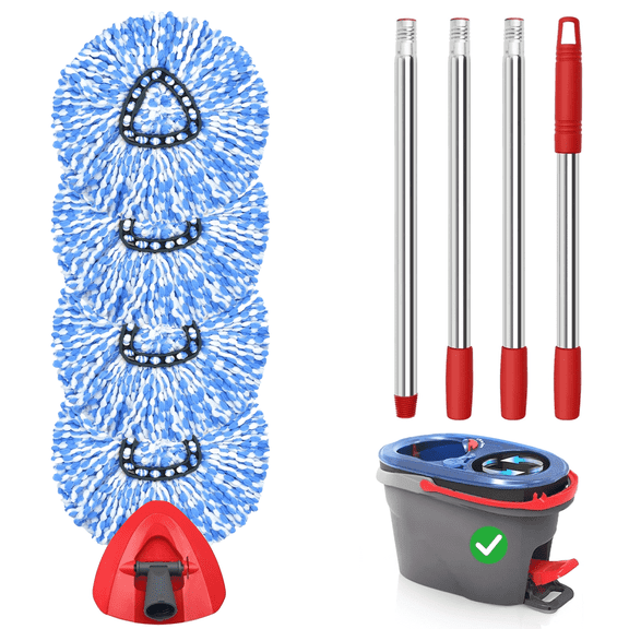 Merryhome Spin Mop Replacement Heads 4 Pack with 1 Triangle Base and 58 inches Long Handle for O-Cedar 2 Tank System,Machine Washable