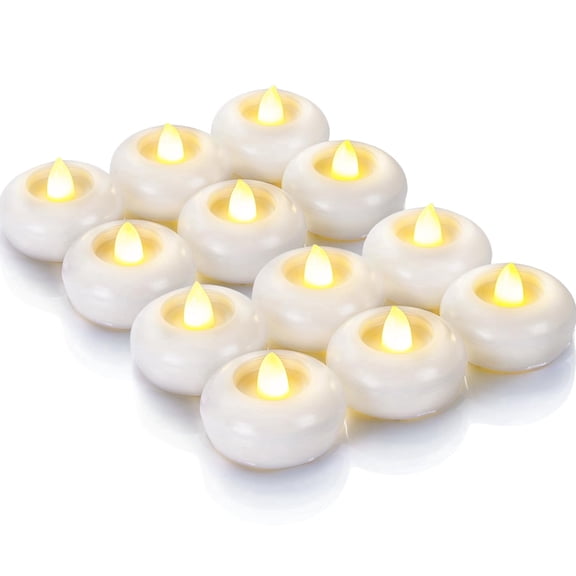 Merrynights Flameless Floating LED Tealights, 2 Inch, Battery Operated, Flickering, Waterproof, 100+ Hour, White, 12 Pack