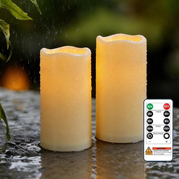 Merrynights Flameless Pillar Candles Waterproof Battery Operated LED with Remote Control and Timers Plastic Off-White for Outdoor Use 2 Pack 3 x 6 Inch