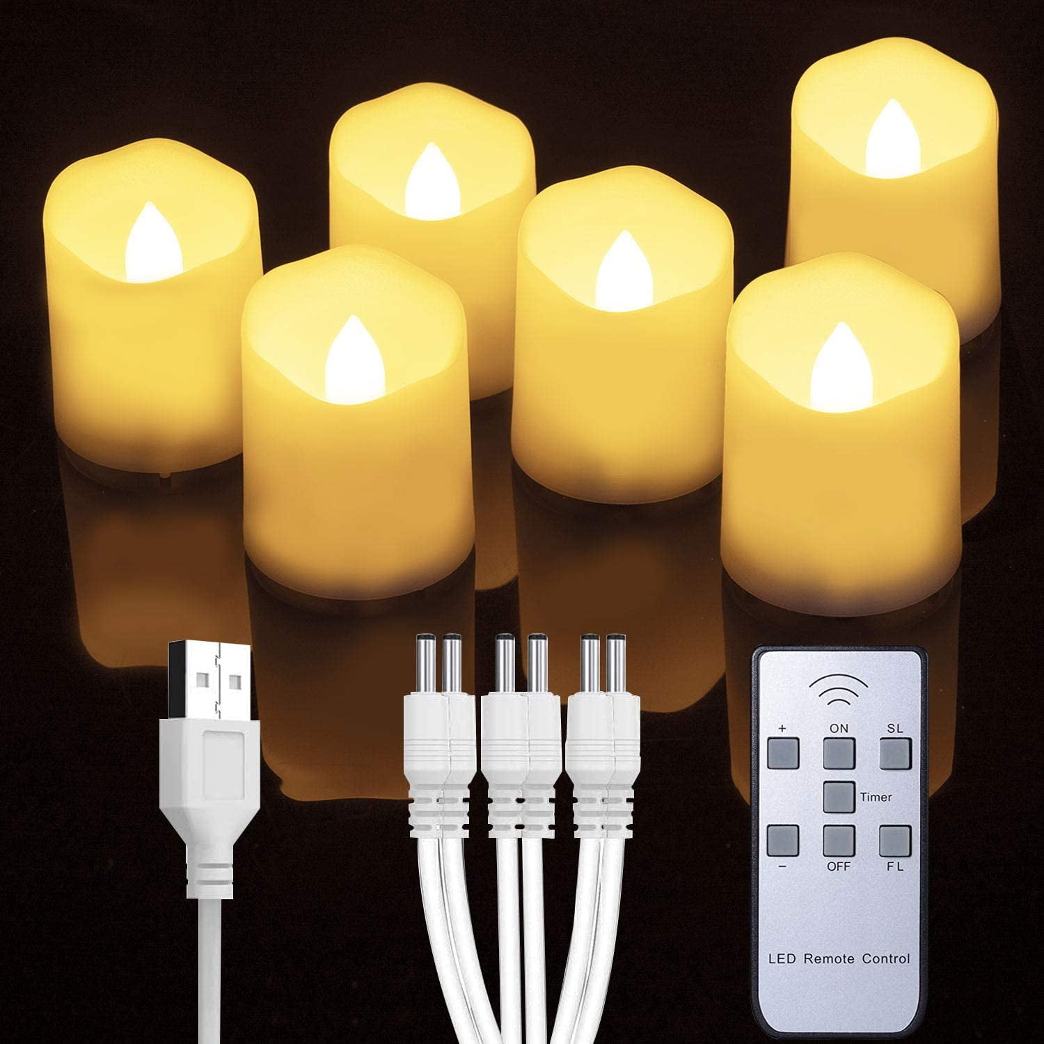 Merrynights 6PCS Rechargeable Flameless Votive Candles with Timer Remote, Battery Operated Tea