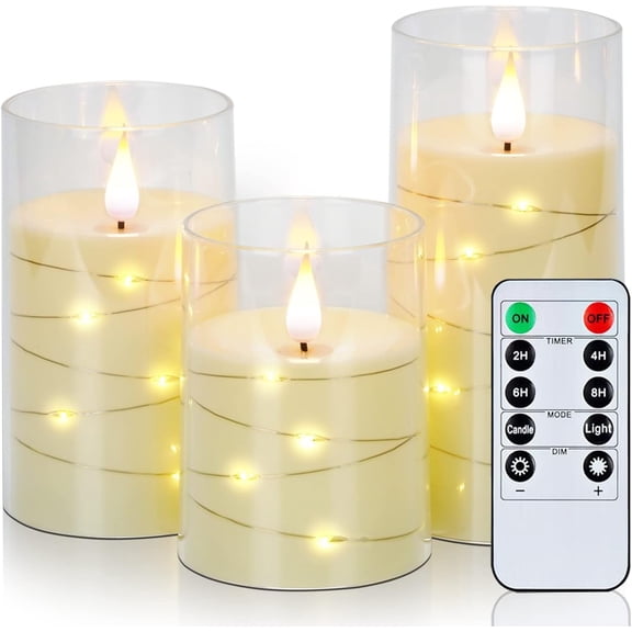 Merrynights Flameless Candles with Fairy Lights, LED Battery Operated, Remote Control, Timer Operated, 3-Pack, D3" H4", 5", 6"