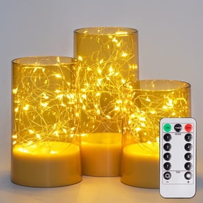 Merrynights Flickering Flameless Candles with Remote Battery Operated Timer Acylinder LED Embedded String Lights Gold Set of 3