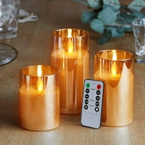 Merrynights Gold Flickering Flameless Candles, Battery Operated Glass LED Pillar Candles with Remote Control and Timer, Moving Flame, Set of 3